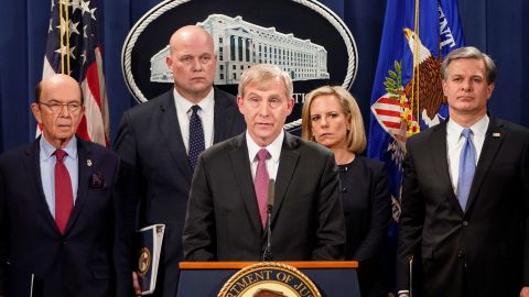 US Attorney for the Eastern District of New York Richard P. Donoghue announcing indictments against China's Huawei Technologies Co Ltd, several of its subsidiaries and its chief financial officer Meng Wanzhou on January 28, 2019. 